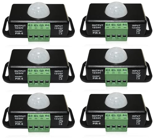 6 pezzi di rilevatori di movimento LED, sensore di movimento DC 12V 24V nero, mini sensore infrarossi PIR, interruttore automatico del sensore IR senza fili per strisce LED e lampadine