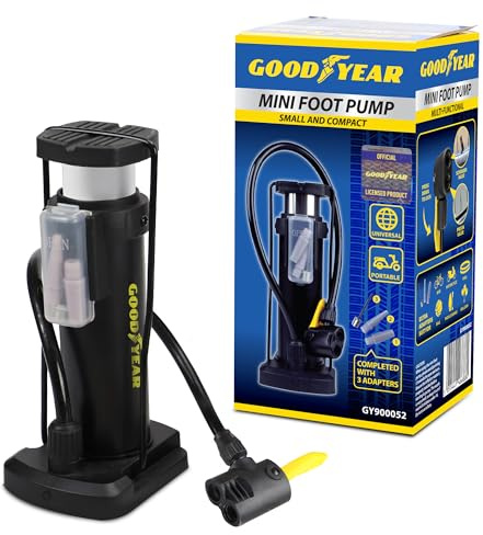 Goodyear Foot Pump – Small & Compact Air Pump with 2 Pressure Gauge, Anti-Slip Base – Inflates Car & Bicycle Tyres, Sports Balls & Air Mattresses