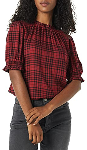 Amazon Essentials Blusa Chemisier Corta con Maniche A Sbuffo in Twill Fluido Donna, Nero Rosso Motivo Quadri Medi, S