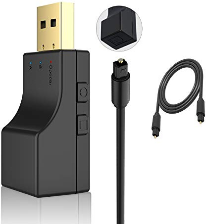 Isobel Transmisor USB Bluetooth 5.0 con entrada óptica digital, adaptador de audio inalámbrico baja latencia Aux para TV, PC Switch/PS/Xbox Consola, 2 dispositivos al mismo tiempo
