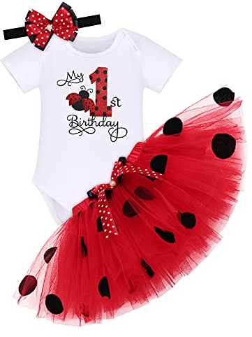 Bebé Niña Conjuntos de Ropa de 3 Piezas para Mi Primer Cumpleaños, Princesa Disfraz de Mariquita Mameluco de Manga Corta Falda Tutú en Tulle con Diadema Trajes de Casual Rojo - 1st Birthday 1 Años