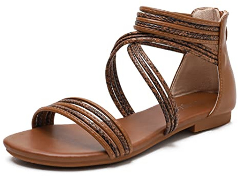 Sandales Femmes Gladiateur Bohèmes Zippés Confortables Romaines Chaussures Plage Cuir PU Vintage Mode Plate Taille 35-41 (41,Marron)
