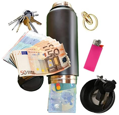 Badil Nascondiglio segreto in vera bottiglia di grandi dimensioni alluminio e nero con doppio fondo abbastanza grande per carta di credito, chiave e denaro