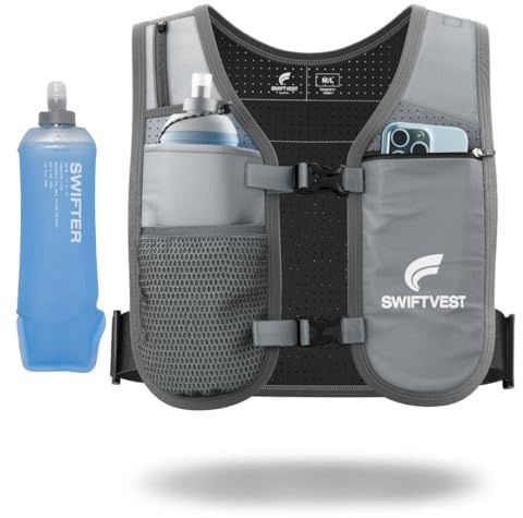 SWIFTVEST Running Vest for Women Men, INCLUDED - 500ml Soft Flask Water Bottle, Lightweight Reflective Phone Holder, Hydration Vest, Adjustable Unisex, Running Accessories