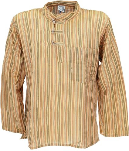 GURU SHOP Nepal Fischerhemd, Gestreiftes Goa Hippie Hemd, Yogahemd - Cider, Herren, Baumwolle, Size:XL