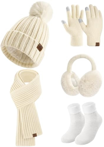 heekpek Hat and Scarf Set for Women 5 PCS Winter Set in Gift Box Knitted Beanie Hat Earmuffs Long Scarf and Touch Screen Gloves Thermal Socks Gift Set for Skiing Outdoor Sports, Beige, One Size