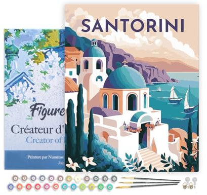 Figured'Art Peinture par Numéro Adulte avec Cadre Affiche Vintage Santorin - Activité Manuelle Kit de Loisir Créatif DIY Numéro d'Art Complet - 40x50cm toile tendue sur châssis