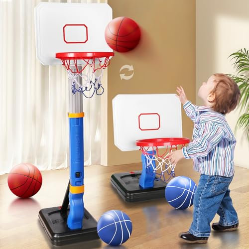 Basketballkorb-Set für Kleinkinder: verstellbare Höhe, stabiles und leichtes Material, zum Spielen für drinnen und draußen, einfach zu verstauen und zu tragen, einfache Montage, für drinnen und
