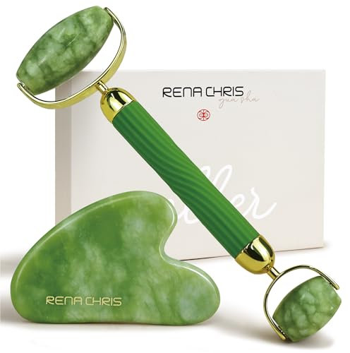 Rena Chris Gua Sha, Anti-Breakage Jade Face Roller and Gua Sha Set for Long-Lasting Use, Jawline Sculpting and Puffiness Reducing, Ideal for Gift and Self Care (Green)