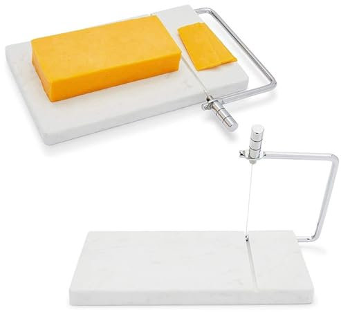 pofluany Cheese Slicer, Stainless Steel Cheese Cutter Board with Blade, Stainless Steel Wire Cutter Marble Board Cheese Slicer for Block Cheese, Vegetables, Butter, Sausages, Bread White