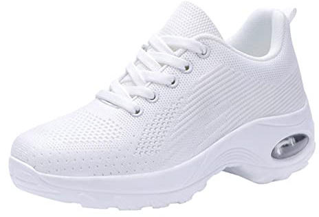 Zapatillas deportivas para mujer, ortopédicas, para caminar, cómodas, con suela antideslizante, malla transpirable, con cordones, para exteriores, informales, zapatillas de deporte, Blanco, 40 EU