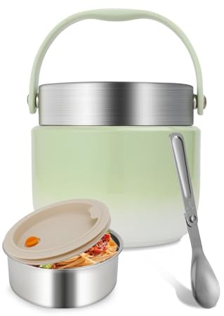 Ezvsevuo Termico per Alimenti Caldi 1200ml, Contenitore Termos Alimenti Caldi con Cucchiaio Pieghevole, Termico per Cibo in Acciaio Inossidabile, Tazza Termica per Zuppe, Noodles (Verde)
