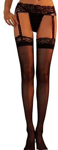 Jmeralara Women's Sheer Thigh High Stockings with Garter Belt Lace Top Stay Up Back Seam, Thigh High Stockings for Women