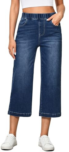Vetinee Pantalon en jean pour femme avec jambe large et élastique - Pantalon baggy avec élastique en taille haute - Jean stretch Capri, L