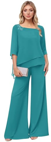 Turquoise 2 Piece Mother of The Bride Pant Suits for Women Dressy - Tiered Chiffon Lace Sequins 3/4 Sleeves Prom Formal Trouser Suits Outfits Wedding Guest Dresses Size UK24