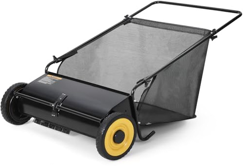 Garvee Spazzola per prato a pressione da 21 pollici, raccogli foglie ed erba, robuste ruote in gomma e acciaio spesso resistente all'uso con grande borsa da 3,5 Cu. ft Hopper, 4 spazzole a rotazione