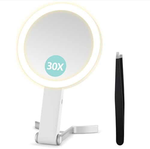 B Beauty Planet Magnifying Mirror with Light, Double Sided 30X/1X Magnifying Mirror, Travel Makeup Mirrors with 3 Color Lights, Foldable Makeup Mirrors with Tweezer, Handheld/Tabletop (Cream White)