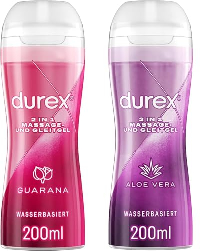 Durex Gleitgel 2-in-1 Massage Gel – Wasserbasiertes Gleitmittel für sinnliche Liebesmassagen – 2 x 200 ml im Spender (Aloe Vera und Guarana)