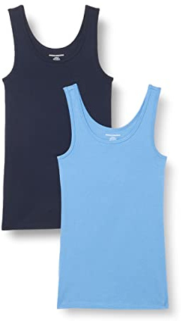 Amazon Essentials Women's Slim-Fit Ribbed Scoop Neck Tank Tops, Pack of 2, Blue/Navy, X-Large