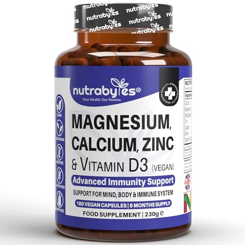 Nutrabytes Magnesium, Calcium, Zinc & Vitamin D3 Supplement, 180 Vegan Capsules | Vitamins & Minerals for Mind, Body & Immune Support | Complex for Energy, Bones, Teeth & Muscles | 6 Month Supply
