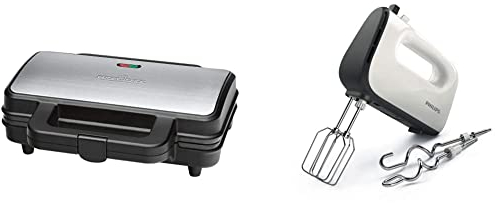 ProfiCook PC-ST 1092 Sandwichtoaster, extra große Sandwichplatten für amerikanische XXL-Toastscheiben, 2 Kontrolleuchten & Philips HR3741/00 Handmixer (450 Watt, 5 Geschwindigkeiten) weiß/schwarz