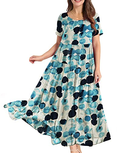 YESNO Women Dresses Casual Plus Size Bohemian Short Sleeve Floral Long Maxi Summer Beach Swing Dress/Pockets S EJFUK CR74