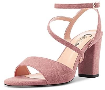 Castamere Femmes Bloc Chunky Haut High Talon Heel Ouvert Bout Lanières Cheville Sandales Dress Mariage 8 CM Heels Rose Suède 37 EU