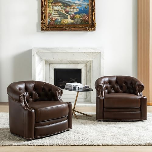 HULALA HOME Genuine Leather Swivel Accent Chairs Set of 2 with Solid Wood Frame, Top-Grain Leather Swivel Barrel Chairs, Chesterfield Armchairs with Removable Seat Cushion, Fully Assembled, Chocolate