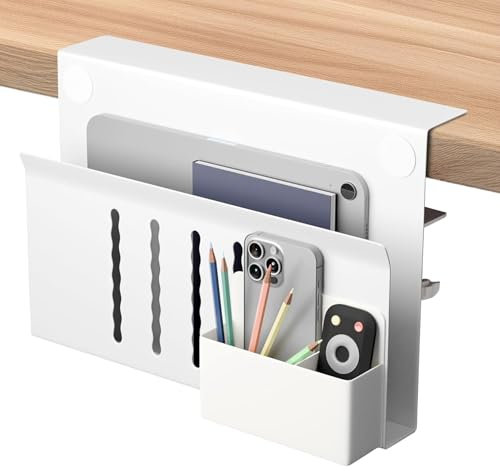 Henitol Desk Side Storage, Under Desk Storage, Clamp-On Under Desk Laptop Holder, Hanging Desk Organizer No Drill, with Pen Holder, Desk Side Storage Holder for Office and Home(White)