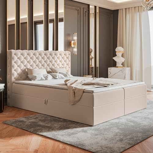 MOTIVENA Nero Chesterfield Boxspringbett 160x200 mit Bettkasten und Topper, Polsterbett 160x200 mit Bettkasten, Taschenfederkern-Matratze (H3), Visco Topper (H2), Samt, Beige (Creme)