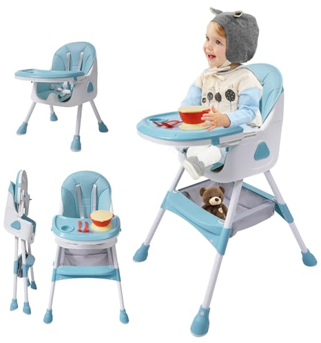 Trona 2 en 1 para bebé, color azul claro, plegable con reposapiés, cubiertos y bandeja para comer, silla de comedor de bebé de altura ajustable, asiento para niños y niñas a partir de 6 meses