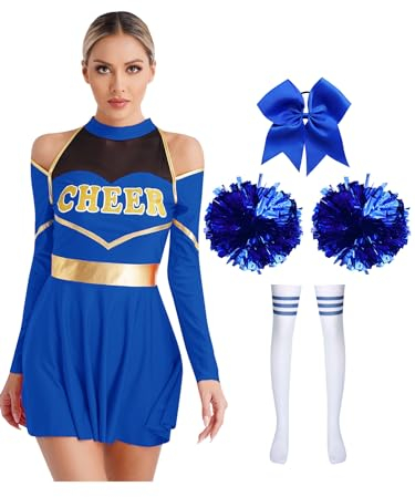 Alvivi Cheer Leader Kostüm Damen Cheerleading Uniform mit Pompons Socken Haarband Schulmädchen Kleid Halloween Karneval Fasching Kostüm Royal Blau S