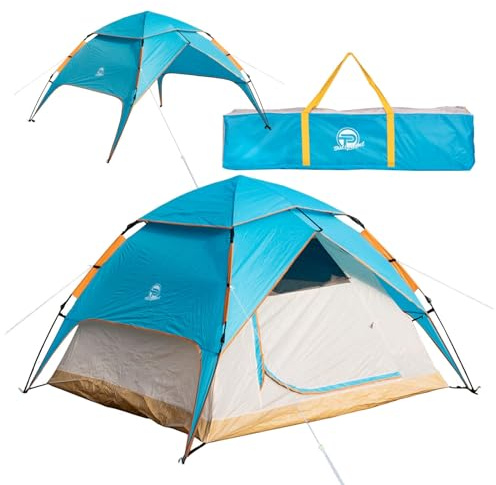 Tente de camping automatique pop-up 3-4 personnes 2 en 1 Tente de camping et pavillon/protection solaire – Double paroi, imperméable, coupe-vent, haubans fluorescents, piquets renforcés avec sac de