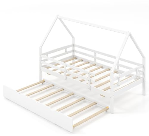 Maxmass Wooden Kids House Bed Frame, Solid Pine Wood Toddler Trundle Bed with Full Length Safety Guardrails, Children Floor Bed for Boys Girls, No Box Spring Needed