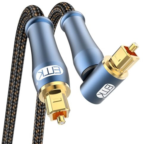 EMK Optical Audio Cable Right Angle Digital Toslink Cable (24K Gold-Plated Corner plug, 90 Degree Fiber Optic, SPDIF to TOSLINK, Nylon Braided) Optical Cable for Speaker, Soundbar, TV (2 meters)