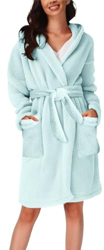 Peignoir à capuche doux et confortable pour femme, robe de chambre courte d'hiver en polaire thermique avec poches, robe de chambre légère, vêtement de détente doux, couleur unie, peignoir avec