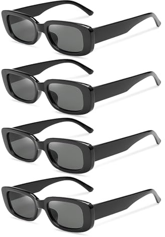 SEFIRST 4 Pcs Lunettes de Soleil Vintage Noir, Style Rectangulaire Rétro avec Protection UV400, Lunettes de Soleil à Monture Petite Rétro pour Homme et Femme, Design Années 80 pour Conduite, Loisirs