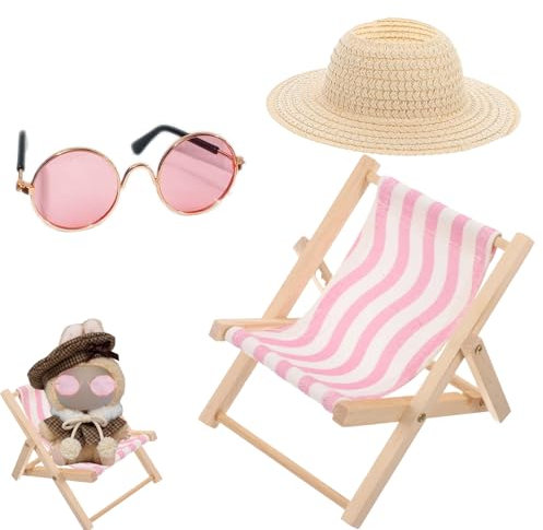 3 Stück Puppe Zubehör, Have a Seat, Puppe Kleidung, Rosa Gestreiftem Liegestuhl, Puppe Autositz, Beiger Strohhut und Pinker Brille, für Puppe Fans, Ideal Als Auto Deko und Geburtstagsgeschenk