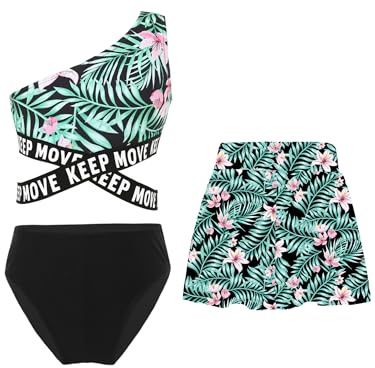 Freebily Flicka Baddräkt 3 Delar Tankini Strand Hav Crop Kort Topp + Trosor Badbyxor + Minikjol Baddräkter Strandbikini Trikini Baddräkt Strandkläder, Svart A, 15-16 anni