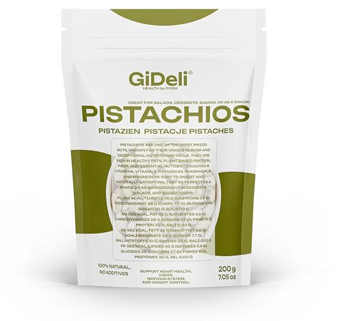 GiDeli Pistazien 200 g - Geröstet und Gesalzen - Nüsse mit Schale als Gesunde Snacks für Partys - Ideale zum Backen, Gerichte, Creme und Desserts