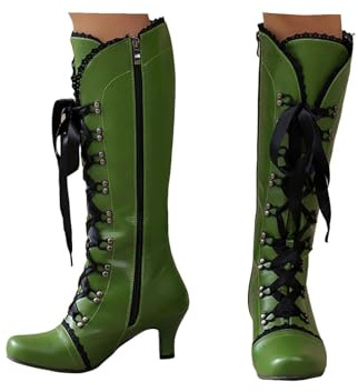 Xbemkste Stivali da donna con tacco Gotico Scarpe Biker Boots Vintage Stivali stringati Stivali con zip Stivali in pelle Stivali medievali Stivali invernali, verde, 39 EU