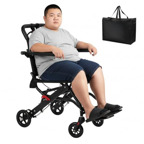 Fauteuil roulant pliable et léger pour adultes et personnes âgées, cadre en alliage d'aluminium, capacité de poids de 130 kg, ceinture de sécurité et freins à main réglables pour un voyage facile, sac