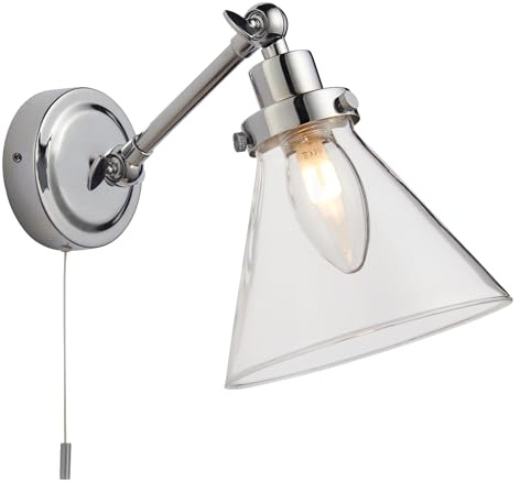 National Lighting Teepee Wall Light - Chrome, IP44 Bathroom Wall Light with Pull Cord with Glass Cone Shade - Adjustable Arm, Interior Wall Lights Fixture, G9 LED Compatible - 150-330mm Height