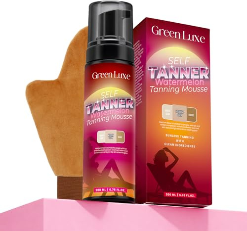 Self Tanner Mousse Mitt Kit – Sunless Tanning Foam with Hyaluronic Acid for Hydrating - Flawless & Streak-Free Fake Tan Mousse, Watermelon Scent Medium Glow 6.76 fl. oz