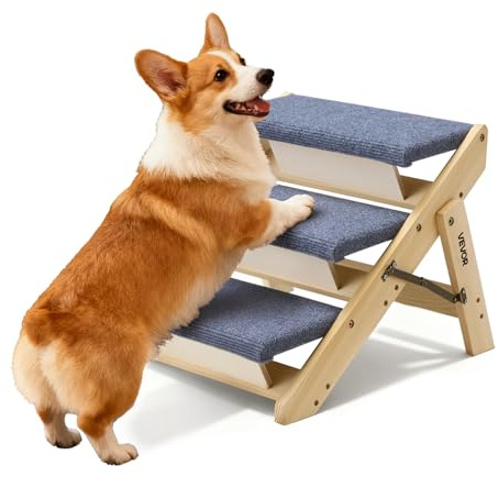 VEVOR Escalier pour Chien Pliable 3 Marches pour Chien Convertible en Rampe pour Canapé Lit Voiture Chats Chiens Animaux de Compagnie Jusqu'à 68 kg, Hauteur Marche 12 cm, en Bois de Pin et Feutrine