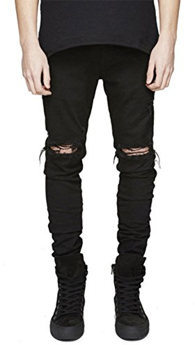 LONGBIDA Men's Slim Fit Ripped Stretch Skinny Jeans for Men, Distressed Tapered Leg Fashion Pants, Black, 28