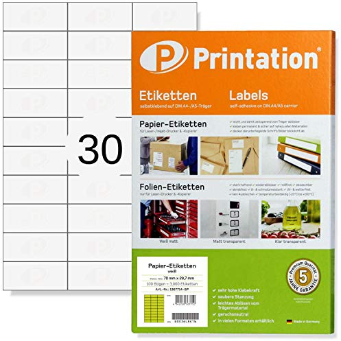 Printation Etiketten Selbstklebend 70 x 29,7 mm - 750 Adressetiketten selbstklebend, 30 Klebeetiketten zum Bedrucken Pro A4 Bogen, 25 Blatt - Universal-Aufkleber für Laser/Inkjet/Kopierer 70x29,7 3x10