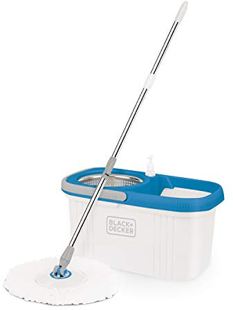 BLACK+DECKER BXBK0001GB 360° Spin Mop & Bucket Set for Effective Floor Cleaning, Auto Spin Mechanism, Built in Detergent Dispenser, Includes 2 Microfibre Spin Mop Heads