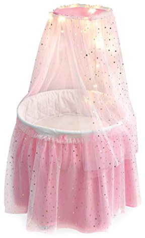 Badger Basket Enchanting Sweet Dreams Round Doll Bassinet with Canopy and LED Lights for 18-Inch Dolls – A Magical Sleeping Space