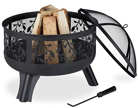 Relaxdays Feuerschale mit Funkenschutz, Garten & Terrasse, mit Schürhaken, Outdoor Feuerkorb, HxD: 60 x 60 cm, schwarz